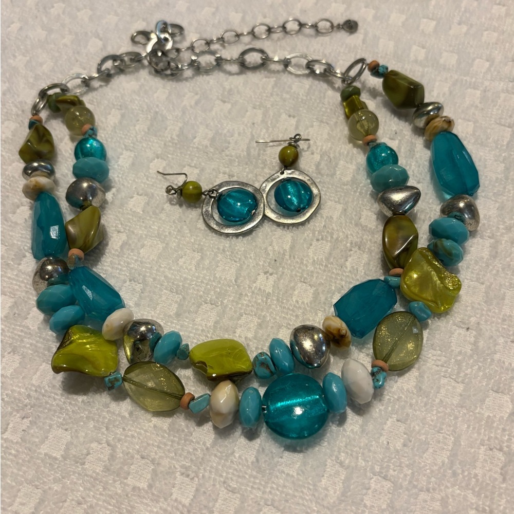 Turquoise and Green Beaded Necklace and Earring Set